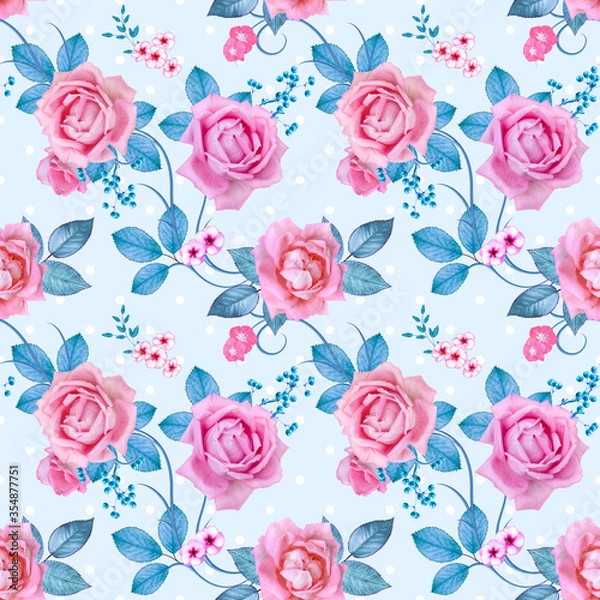 Obraz Delicate beautiful pink, lilac roses, blue pastel foliage, clusters of berries, flower arrangement, realism, seamless pattern