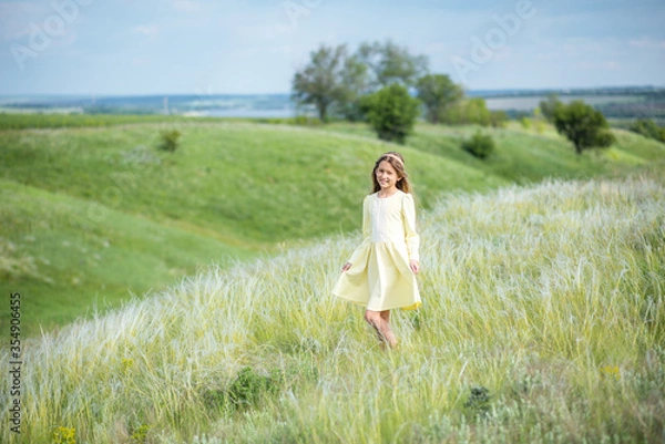 Fototapeta girl in a field. young woman in the field of flowers. 
Beautiful girl walks in the park. Summer walks and relaxation. Smiling child. Daisies in the hands of a girl