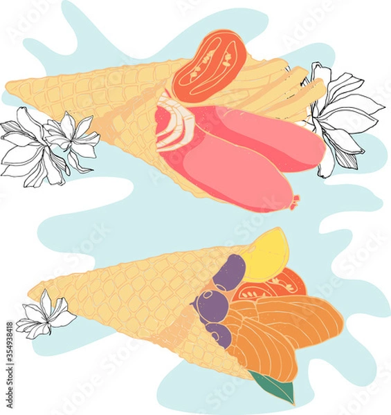 Fototapeta print illustration sandwiches in a waffle cup with sausage and fish