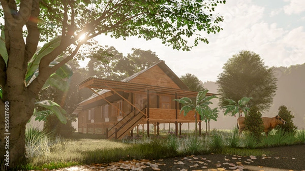 Fototapeta 3d rendering House on stilts on the morning with thin mist. beautiful scene of countryside