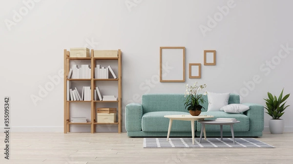 Fototapeta Interior poster mock up living room with colorful white sofa . 3D rendering.