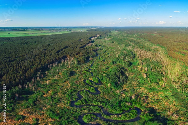 Fototapeta Aerial drone panoramic picture of winding river