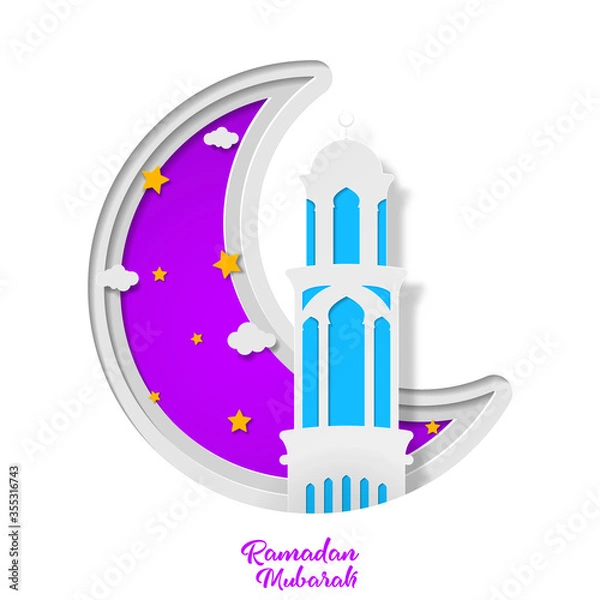 Fototapeta Ramadan kareem greeting card design with tower mosque and crescent month vector illustration. tower mosque vector illustration. paper art and craft style