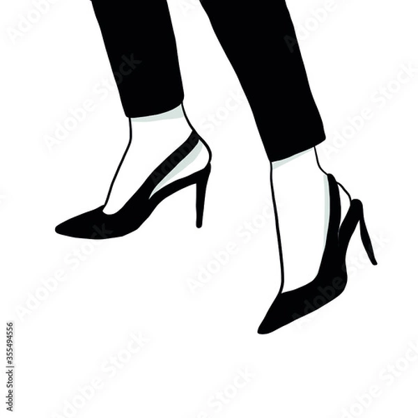 Fototapeta Female legs in black shoes and trousers. Contour hand draw part of the figure of female model. Fashionable woman. Black and white. Linear vector.