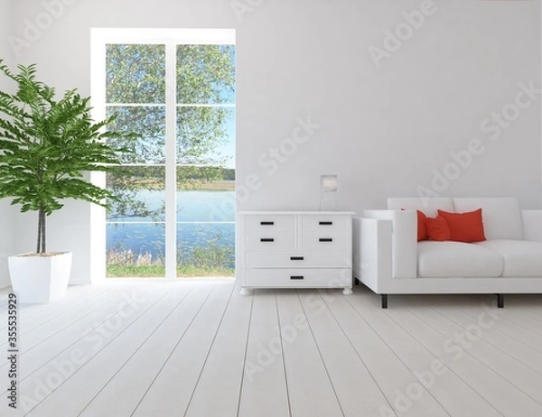 Fototapeta White minimalist room interior with furniture on a wooden floor, frames on a large wall, white landscape in window. Home nordic interior. 3D illustration