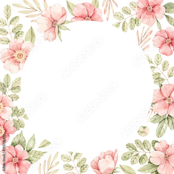 Fototapeta Watercolor botanical illustration. Pink dog-rose blossom. Vector bouquet with gentle rose, bud, branches and green leaves. Perfect for wedding invitations, cards, frames, posters, packing.