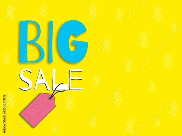 Fototapeta Bright Golden yellow background with the words "BIG SALE" with a discount price tag and plenty of space for text and design. Screensaver for the site, advertising banner, seasonal sale.