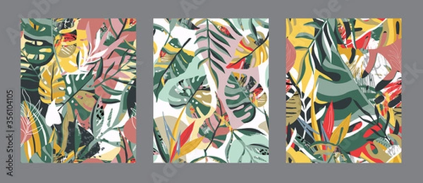 Fototapeta Vector collection of trendy creative summer seamless patterns with floral exotic tropical elements, palm leaves