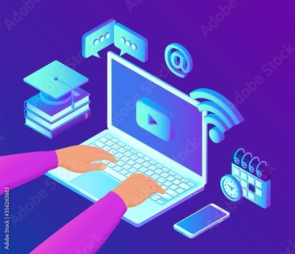 Fototapeta E-learning. Innovative online education and distance Learning 3D isometric concept. Webinar, online courses. Internet conference. Web seminar. User hands on the laptop keyboard. Vector illustration.