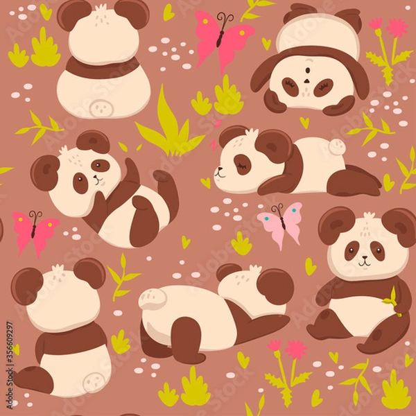 Fototapeta Seamless pattern with cute pandas. Vector graphics.