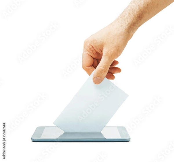 Fototapeta Male hand putting a blank ballot into a smartphone, concept of online voting.