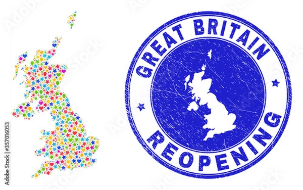 Fototapeta Celebrating United Kingdom map collage and reopening corroded stamp seal. Vector collage United Kingdom map is constructed with random stars, hearts, balloons.