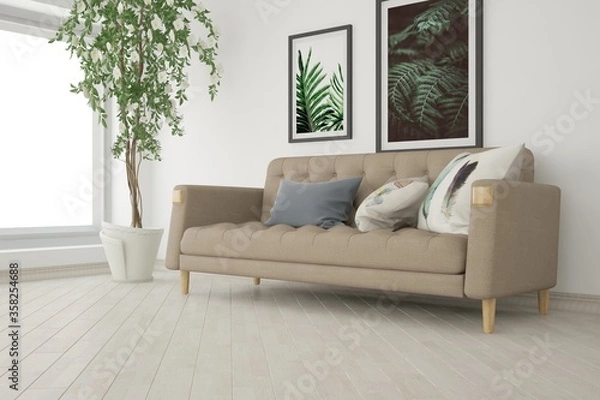 Fototapeta modern room with sofa,pillows,pictures and plant interior design. 3D illustration