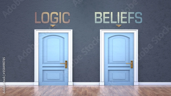 Fototapeta Logic and beliefs as a choice - pictured as words Logic, beliefs on doors to show that Logic and beliefs are opposite options while making decision, 3d illustration