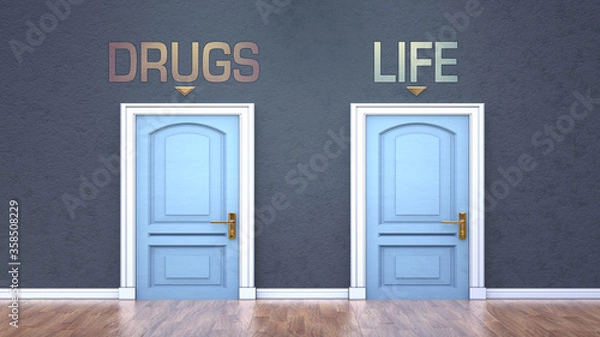 Fototapeta Drugs and life as a choice - pictured as words Drugs, life on doors to show that Drugs and life are opposite options while making decision, 3d illustration