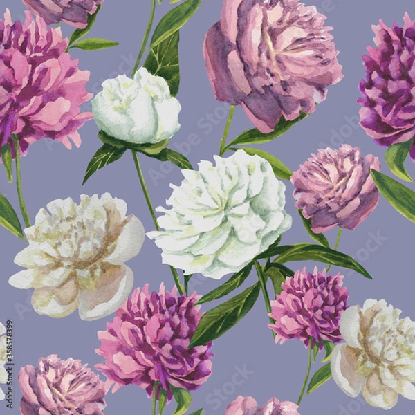 Fototapeta peonies seamless pattern on a gray background