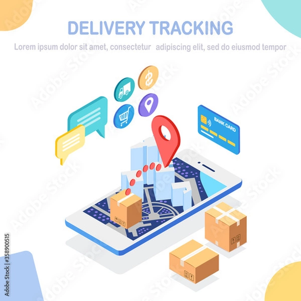 Fototapeta Order tracking. Isometric 3d mobile phone with delivery service app. Shipping of box, package, cargo transportation. Vector cartoon design