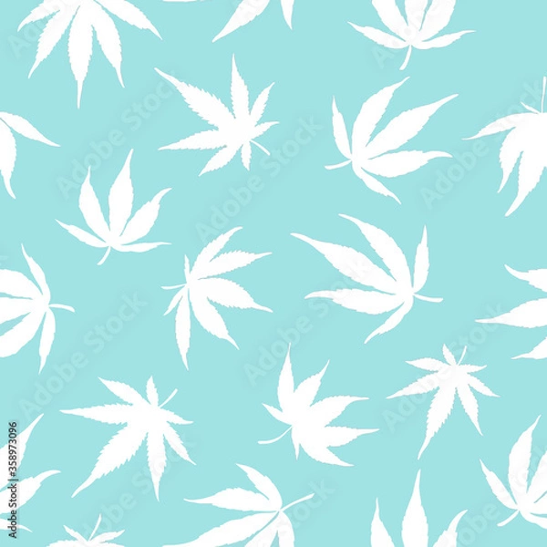 Fototapeta seamless pattern of cannabis leaves on a blue background. White hemp leaves. Marijuana pattern