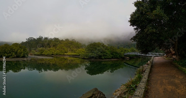 Fototapeta Early morning foggy view of Cowan creek, Bobbin Head, Ku-ring-gai Chase National Park, New South Wales, Australia