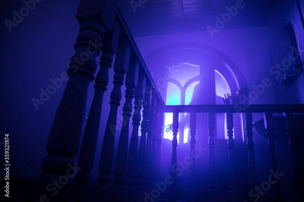 Fototapeta Inside of old creepy abandoned mansion. Silhouette of horror ghost standing on castle stairs to the basement. Spooky dungeon stone stairs in old castle with light.