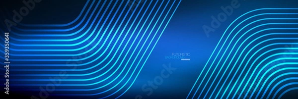 Fototapeta Shiny neon lines, stripes and waves, technology abstract background. Trendy abstract layout template for business or technology presentation, internet poster or web brochure cover, wallpaper