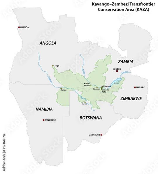 Obraz Vector map of the Kavango-Zambezi Transfrontier Conservation Area (KAZA) in southern Africa