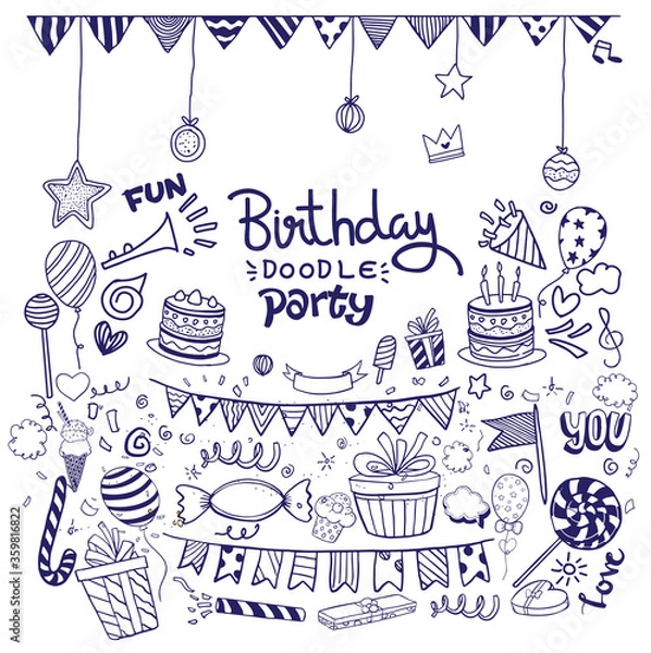 Fototapeta Happy Birthday background. Hand-drawn Birthday sets, party blowouts, party hats, gift boxes and bows, garlands and balloons and firework, candles on birthday pie.