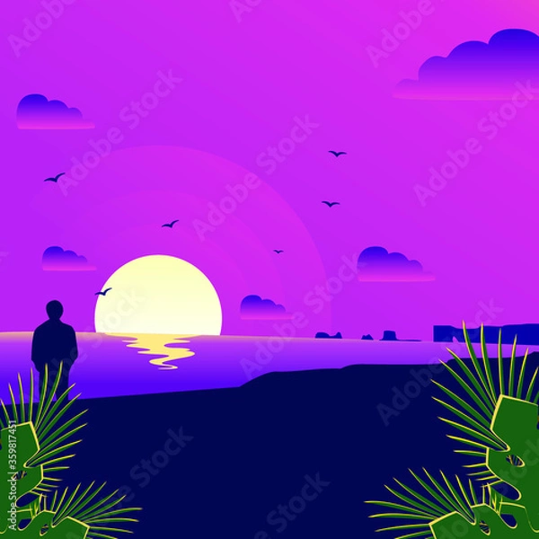 Fototapeta Sunset background, vector illustration of the evening beach at sunset with waves, clouds and a plane flying in the sky, seaside view poster