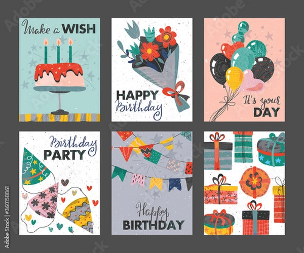 Fototapeta Set of beautiful colorful birthday invitation or greeting cards with balloons