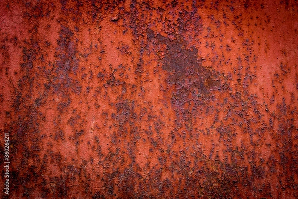 Fototapeta The old iron background is painted in red, pink, purple with rust and chips.