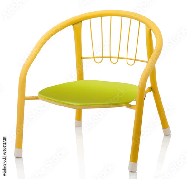 Fototapeta Baby chair. Isolated on white background with shadow reflection. Yellow childy metallic seat.