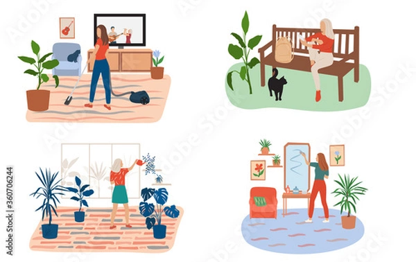 Fototapeta Set of scenes with people in the house and outdoors, busy with household chores, with a vacuum cleaner, caring for plants, cleaning, on a walk with a smart phone and a backpack. Young woman at home an