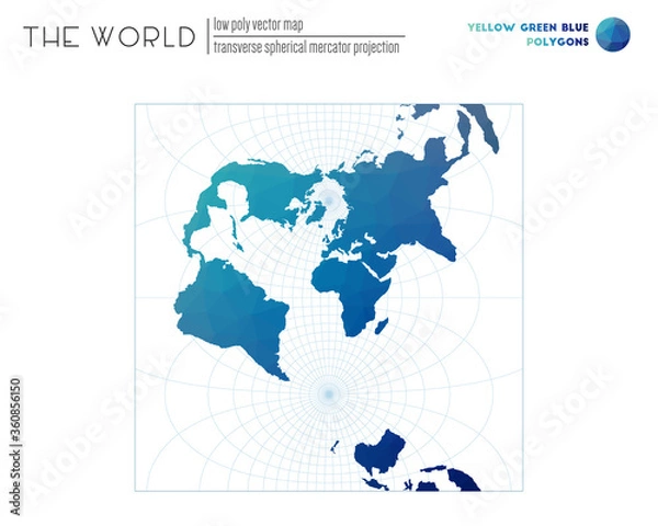 Obraz World map in polygonal style. Transverse spherical Mercator projection of the world. Yellow Green Blue colored polygons. Modern vector illustration.