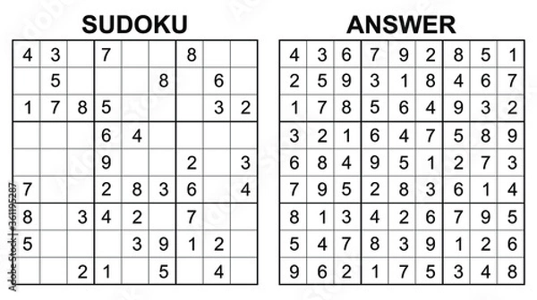 Fototapeta Vector sudoku with answer. Educational game with numbers for kids and leisure for adult on white background.