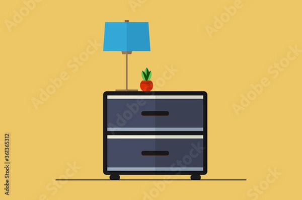 Fototapeta Bedside table with a table lamp on background. Wooden furniture for bedroom. Table with night lamp. Flat style vector illustration