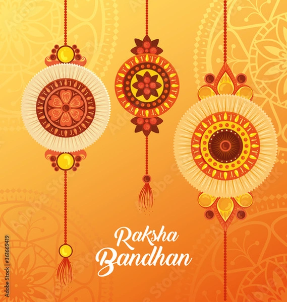 Fototapeta greeting card with decorative set of rakhi hanging for raksha bandhan, indian festival for brother and sister bonding celebration vector illustration design