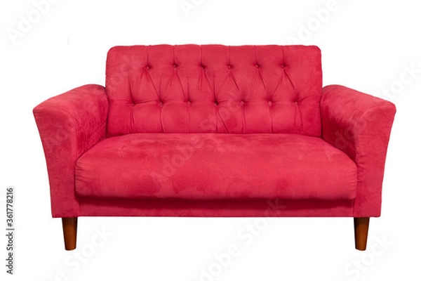 Fototapeta Red couch, sofa isolated on black background. Classic design furniture of leather, fabric buttoned quilted upholstery, modern dwelling interior design element, object.