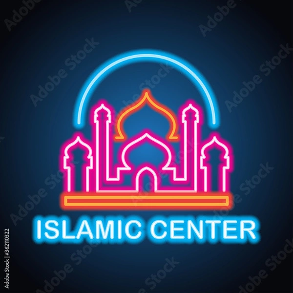 Fototapeta masjid or islamic centre neon sign for Muslims Pray. vector illustration