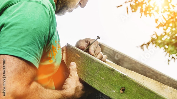 Fototapeta versatile craftsman working with wood to build a house on a summer day, DIY concept