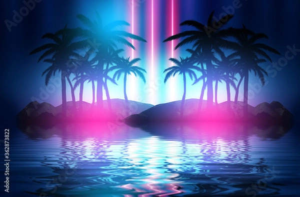 Fototapeta Abstract futuristic background. Neon glow, reflection of tropical palm trees on the water. Night view, beach party. 3d illustration