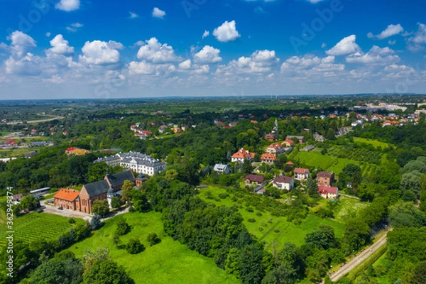 Fototapeta Sandomierz, Poland. Aerial view of medieval old town with town hall tower, gothic cathedral.