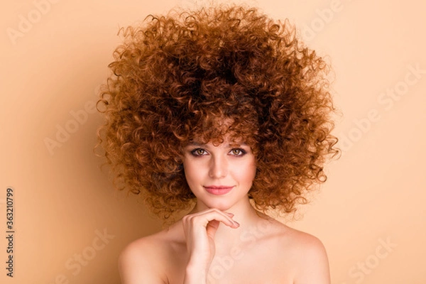 Fototapeta Close up photo beautiful she her no clothes nude lady touch facial skin arm hand chin ideal condition scrub user curls fashion procedure stylist perms roller curlers isolated beige pastel background