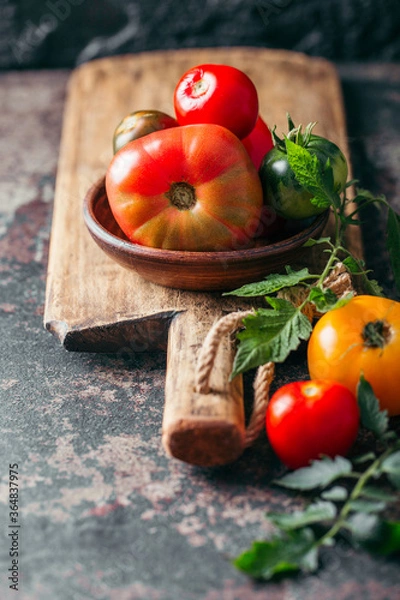 Fototapeta Fresh, ripe multi colored tomatoes on a dark background. Organic food.