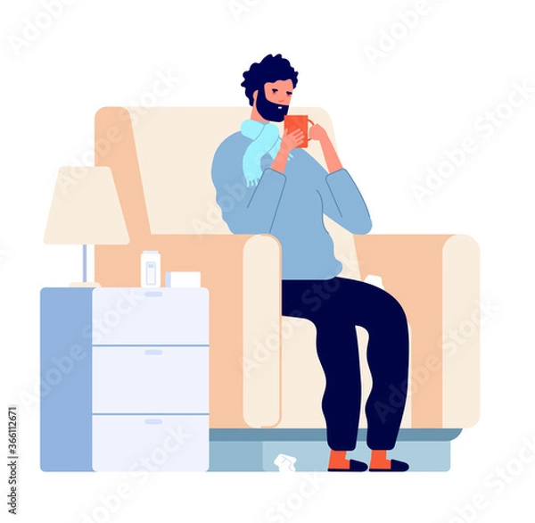 Fototapeta Sick man character. Cold disease, ill person in chair with fever sneeze. Adult flu infection, influenza or virus patient vector illustration. Sick fever and cold virus, influenza and flu