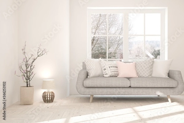 Fototapeta White room with sofa and winter landscape in window. Scandinavian interior design. 3D illustration