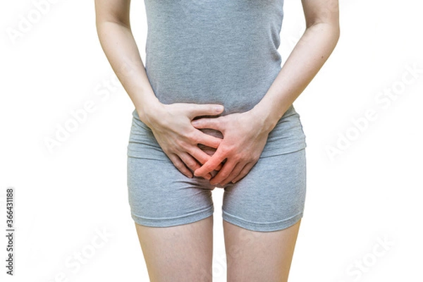 Fototapeta low body of a woman in gray clothes put her hands holding crotch pants,  Itching urinary, Health-care concept on white background