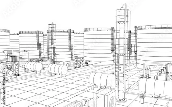 Fototapeta oil refinery, chemical production, waste processing plant, contour visualization, 3D illustration, sketch, outline