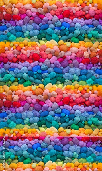 Fototapeta Colored balls and skiens of yarn for knitting. Top view. Rainbow colors. Color horizontal gradient.