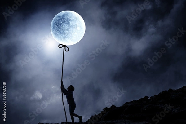 Fototapeta Kid boy catching moon . Mixed media