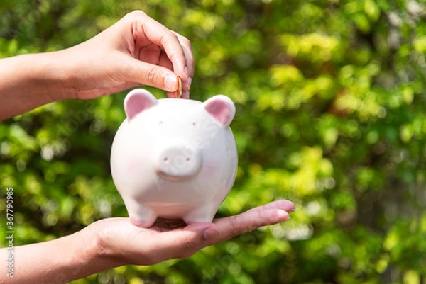 Fototapeta Close up hands holding piggy and putting a coin into piggy bank for future life. Investment and Saving Concept.